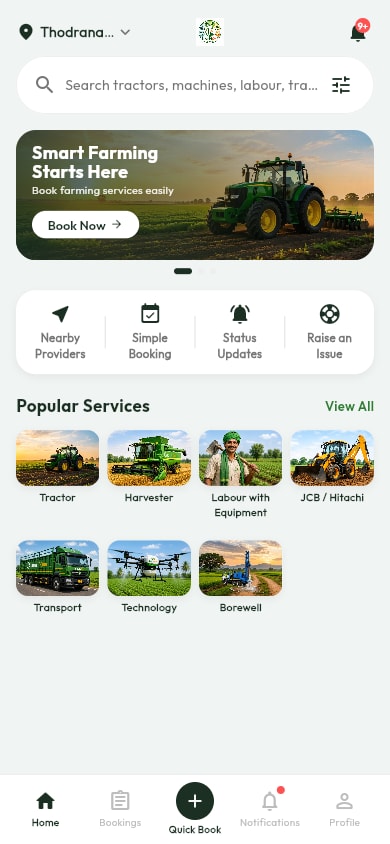 The KrushiOne Farmer home screen, showing a search bar and the seven service categories: Tractor, Harvester, Labour with Equipment, JCB / Hitachi, Transport, Technology and Borewell.