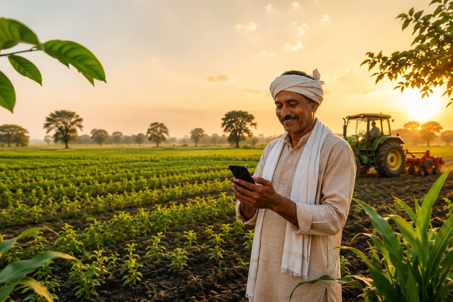 A smiling farmer using a mobile phone in a green field, with a tractor working behind him