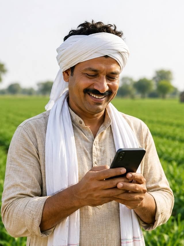 A farmer smiling at his mobile phone in a maize field