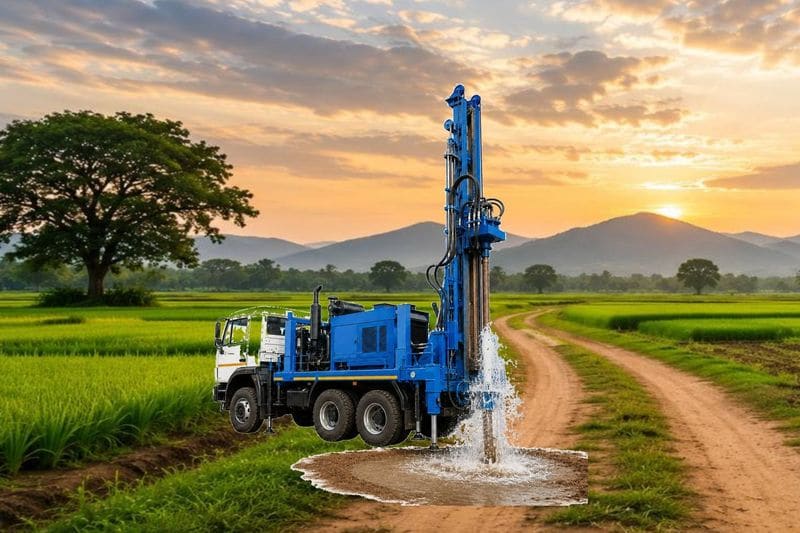 A truck-mounted borewell drilling rig beside paddy fields, with water flowing from the bore