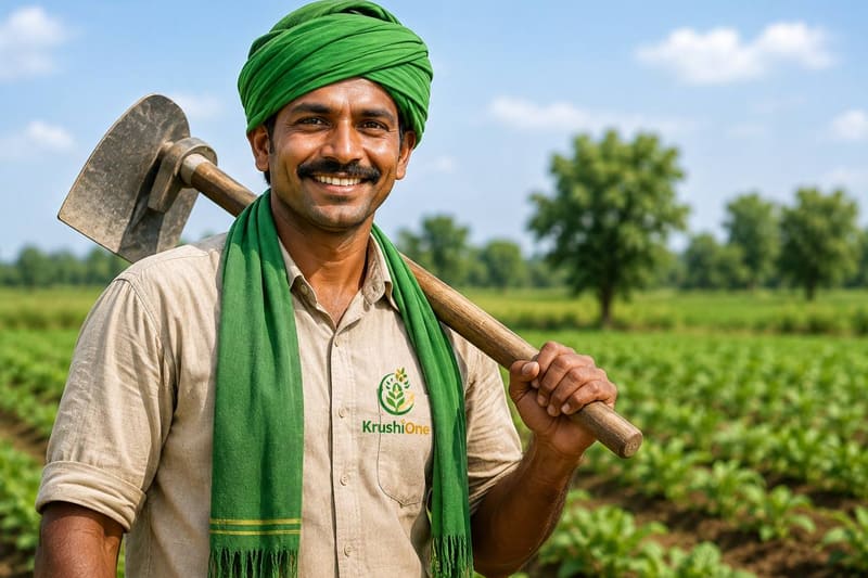 A smiling farm worker carrying a hoe in a green field