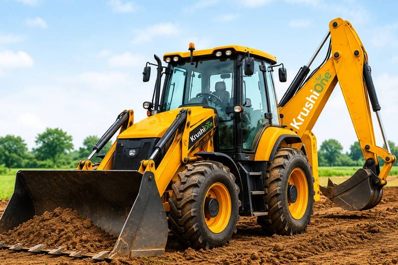 A yellow backhoe loader on freshly dug earth beside green fields