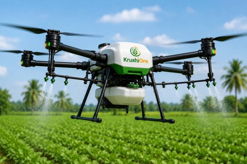 An agricultural spraying drone flying over green crop rows