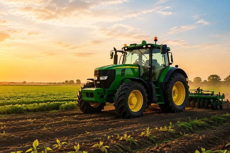 A green tractor pulling a harrow across a field at sunrise